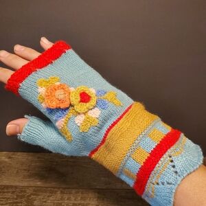 Fingerless Knitted Floral Gloves. Aqua Orange Red